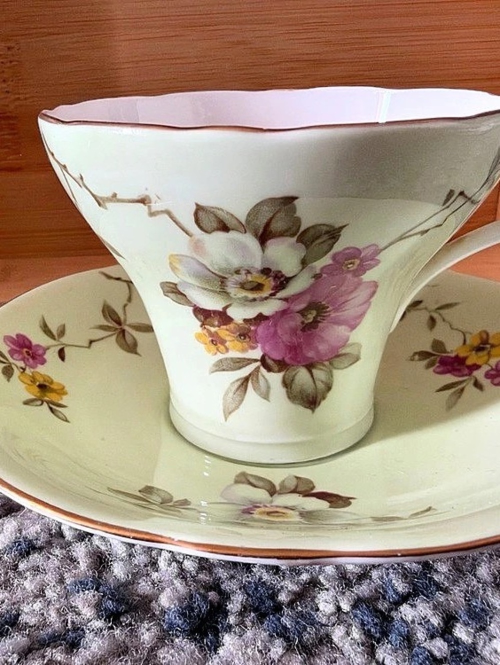 Vintage Aynsley Floral Teacup and Saucer in Green & Pink